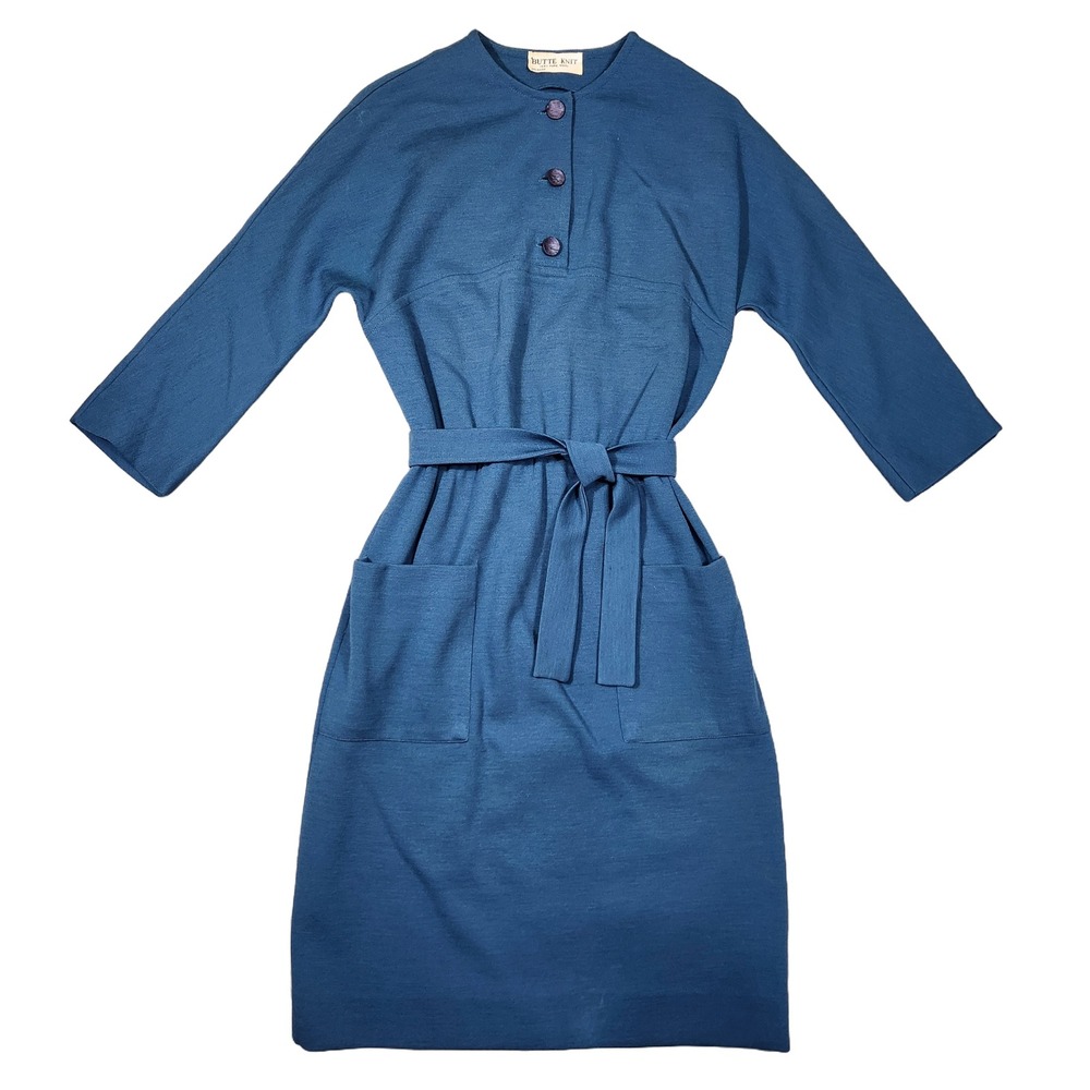 Vtg Butte Knit Wool Dress Womens Retro Chic Twee Belted Blue Career‎ Work Office